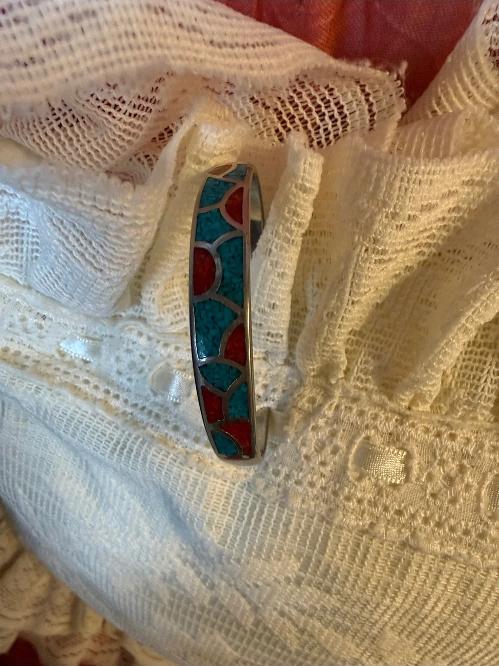 Vintage Zuni Turquoise and Coral Inlay Silver Bar Pendant - Women’s Jewelry